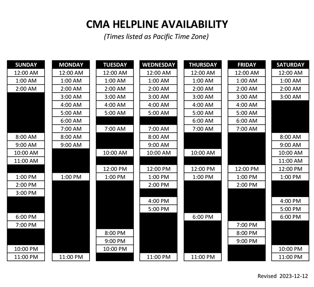 CMA Helpline Availability